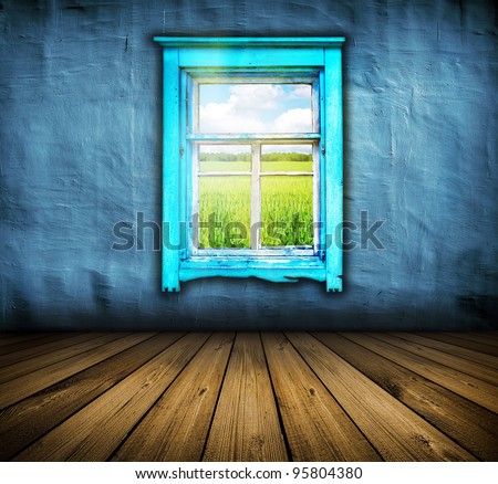 dark vintage blue room with wooden floor and window with field and sky above it