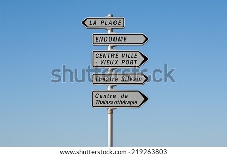A typical road sign of landmarks in Marseille in South France