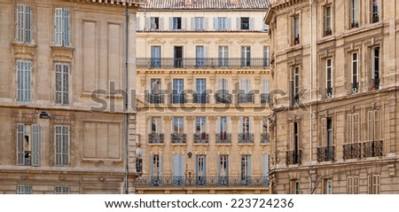 View of the typical historic house facades in Marseille in South France