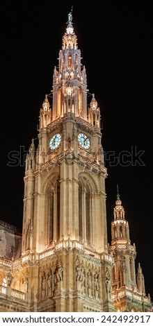 View of the old tower of the town hall of Vienna in Austria at night