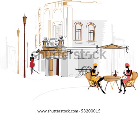 Street cafe with people drinking coffee Street cafe with people drinking coffee