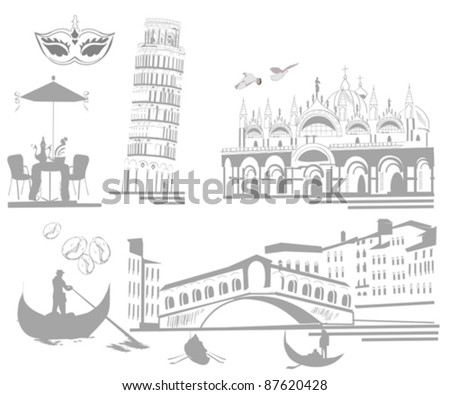 A set of sketches of attractions in Italy