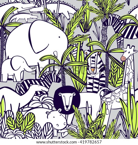 Seamless pattern with wild animals : elephant with elephant, zebra, camel, tiger, lion, giraffe, crocodile, hippopotamus. Coloring, drawing wallpaper. Vector illustration.