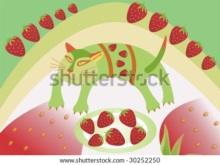 Decorative cat is lying next to the dish of strawberry and enjoys looking strawberry