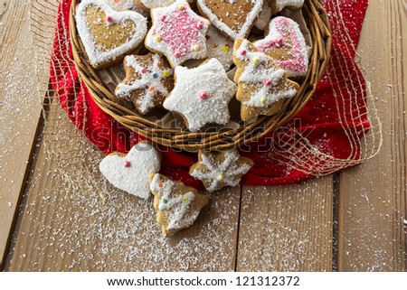  stock photo : Homemade christmas cookies with decoration on wooden table 