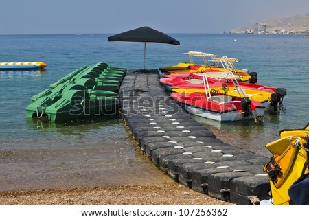 View on the Red Sea and water sport facilities on the northern beach of Eilat Ã¢Â?Â? famous resort and recreational Israeli town