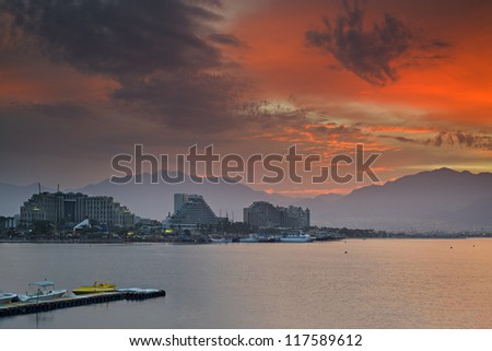 Colorful sunrise at the gulf of Eilat, Red Sea, Israel