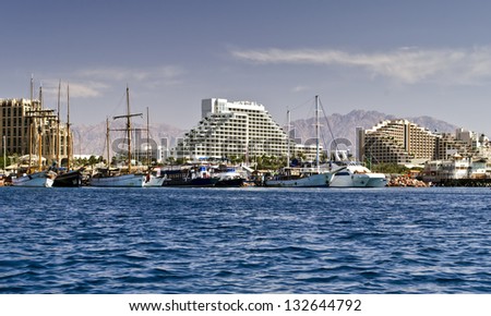 View on central beach of Eilat - famous resort and recreation city in Israel