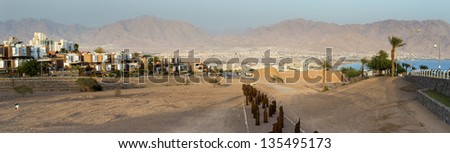 Panoramic view on dry river and desert area near Eilat - famous resort and tourist city located on the Red Sea, Israel