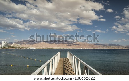Central beach of Eilat with colorful view on the Red Sea, Israel