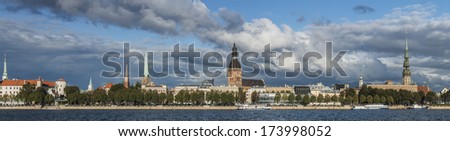Panoramic view on historical buildings of Riga - the capital and largest city of Latvia, a major commercial, cultural, historical and financial center of the Baltic region