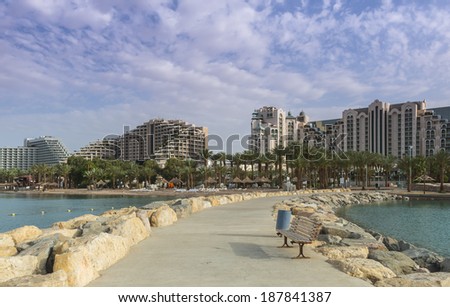 View on the central beach of Eilat from the main stony pier, Israel