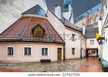 Rainy weather at medieval square in old Riga. In 2014, Riga is the European capital of culture