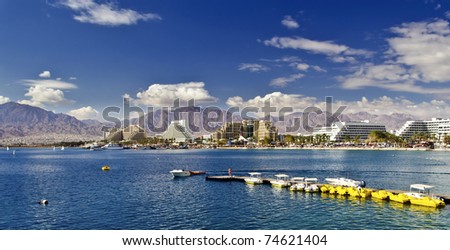 View on resort hotels and water sport facilities in Eilat city, Israel