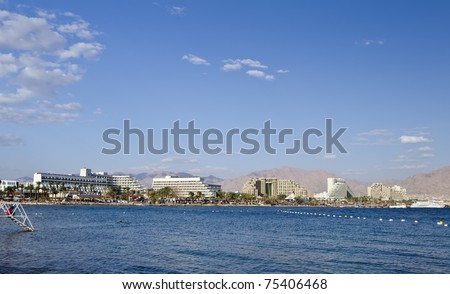 Panoramic view on resort hotels in Eilat city, Red Sea, Israel
