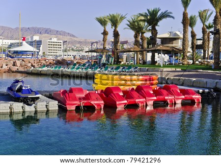 Facilities of water sport on northern beach of Eilat - one of the famous resort cities in Israel