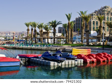 Facilities of water sport on northern beach of Eilat - one of the famous resort cities in Israel