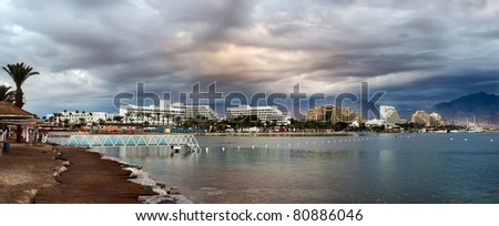 Panoramic view on resorts hotels in Eilat - famous recreation town on the Red Sea, Israel