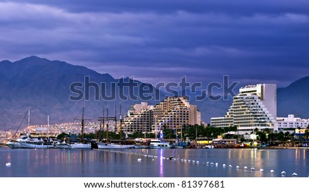 View on resort hotels of Eilat and northern beach of the Aqaba gulf, Red Sea, Israel
