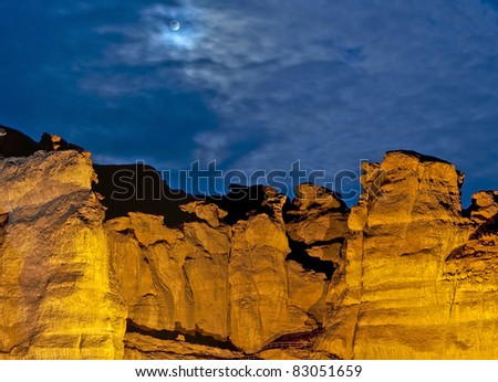 Pillars of Solomon at night and artificial illumination, desert of Negev, geological park Timna, Eilat, Israel