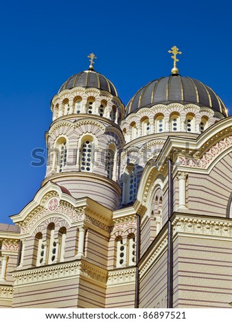 Facade of the biggest Russian Orthodox Church in Riga, Latvia