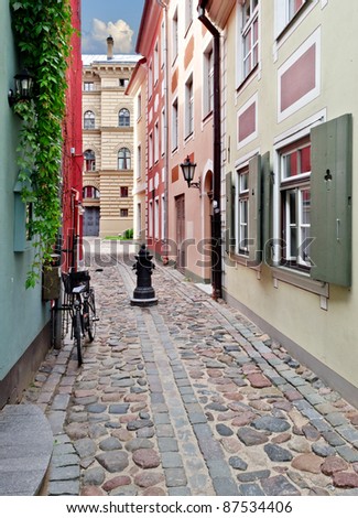 Narrow street in the old Riga city, Latvia. In 2014, Riga is the European capital of culture