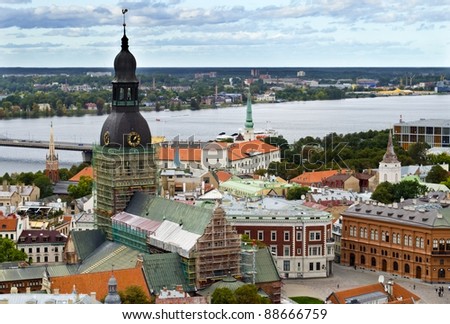 View from the Saint Peter cathedral on the central part of old Riga – capital city of Latvian Republic, Europe