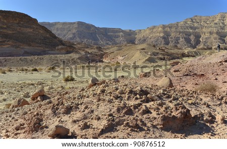 View on valley and dry riverbed in Timna geological park, 25 km from Eilat, Israel