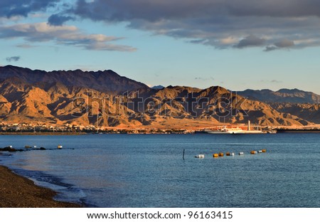 View on marine port of Aqaba city, Jordan, from Eilat, Israel