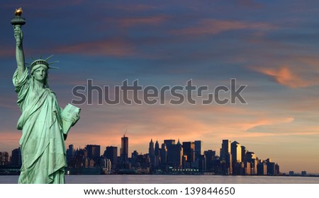 photo tourism concept new york city with statue liberty