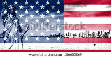 New york city skyline with american flag