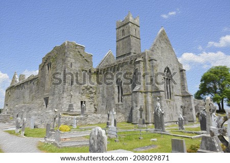 oil painting famous irish landmark, quin abbey, county clare, ireland