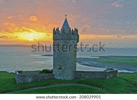 oil painting  ancient irish castle, west coast of ireland