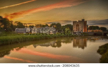 oil painting of a castle by the sea with a sunset