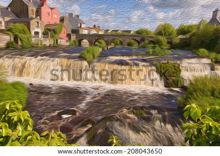 oil painting showing vibrant waterfall nature picture in rural village