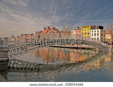 oil painting showing famous dublin landmark ha penny bridge ireland