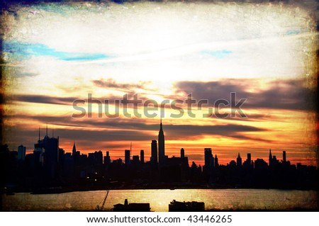 new york skyline silhouette. stock photo : grunge new york early sunrise cityscape skyline silhouette,