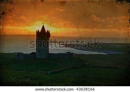 photo grunge sunset capture of a old irish castle on west coast of ireland