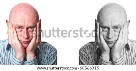 worried anxious middle age man, hands to face
