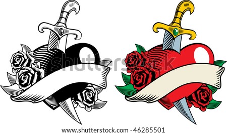 stock vector Vector illustration in tattoostyle Heart dagger and roses