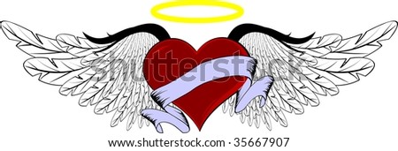 winged heart with blue ribbon