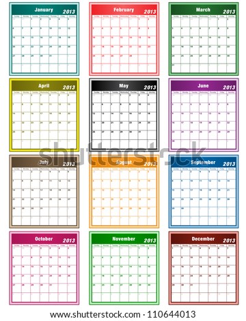 2013 Holiday Calendar on Calendar 2013 In Assorted Colors With Large Date Boxes  Each Month A