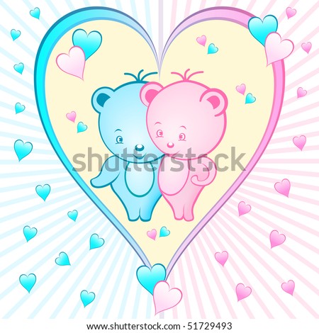 stock vector : Cute bear cartoon characters set inside a large pink and blue 