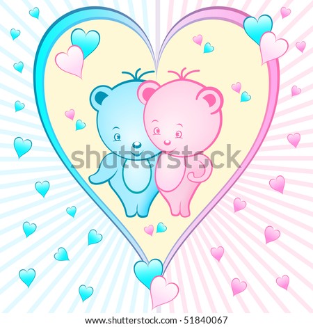  Cute bear cartoon characters set inside a large pink and blue love heart