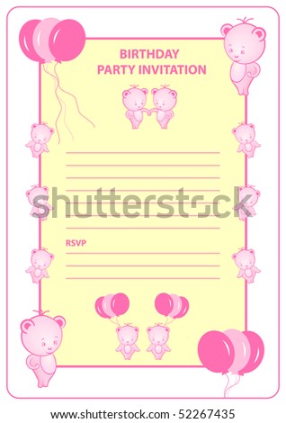 stock photo : Girls birthday party invitation card with pink cartoon bears 