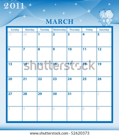 Calendar March 2011 on Stock Photo   Calendar 2011 March Month With Large Date Boxes  Cartoon
