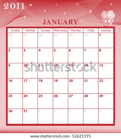 stock photo : Calendar 2011 January month with large date boxes.