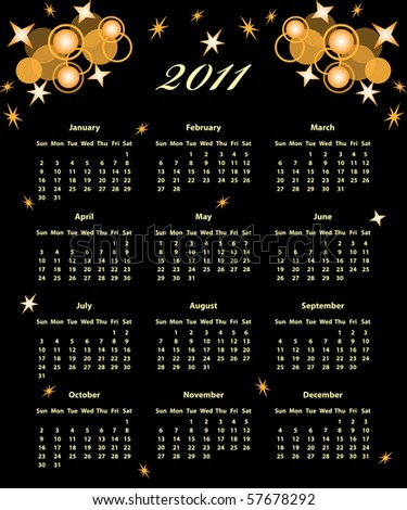 stock vector : 2011 Calendar full year decorated with golden stars and 