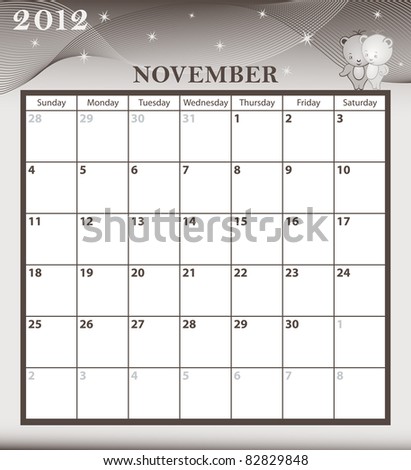 Month Calendars 2012 on Calendar 2012 November Month With Large Date Boxes  Cartoon Characters