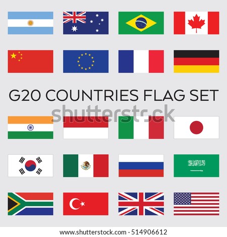 A set of flat vector flags for the entire group of G20 nations. These countries make up the top economies in the world.